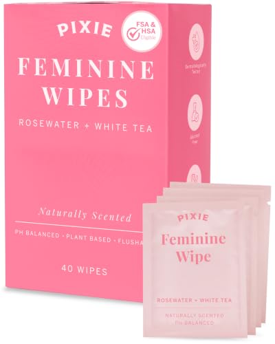Image of Pixie Feminine Wipes - Naturally Scented Rosewater + White Tea - Flushable, Biodegradable & pH Balanced - Individually Wrapped Wipes for On-The-Go - Cleaner for Menstrual Cups & Discs (2 Packs of 20)