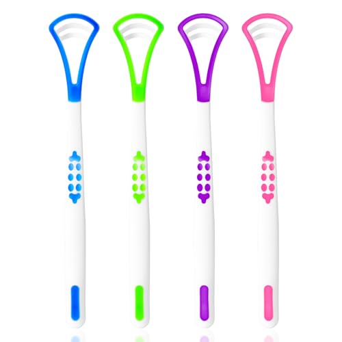 Annhua Tongue Scraper for Adults 4 Pack, Silicone Tongue Cleaner with Double Sided, Portable Tongue Brush for Fresh Breath and Reducing Tongue Coating Deposits - Blue, Green, Red, Purple