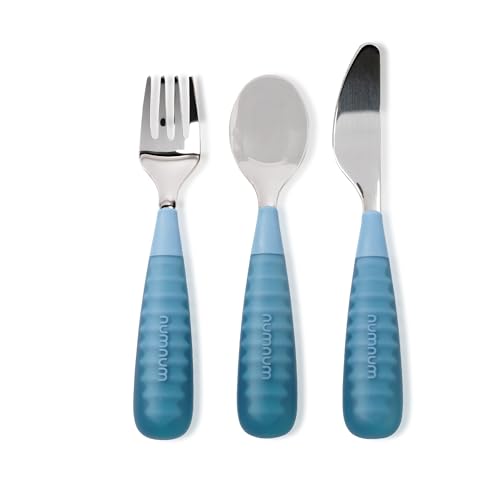 NumNum Toddler Utensils Set, 4th Stage Kids Silverware for 2+ Years, Pre-Spoon, Fork, Spoon & Knife GOOtensils with Stainless Steel Heads, BPA-Free Silicone Toddler Feeding Essentials, 3-Pack Blue