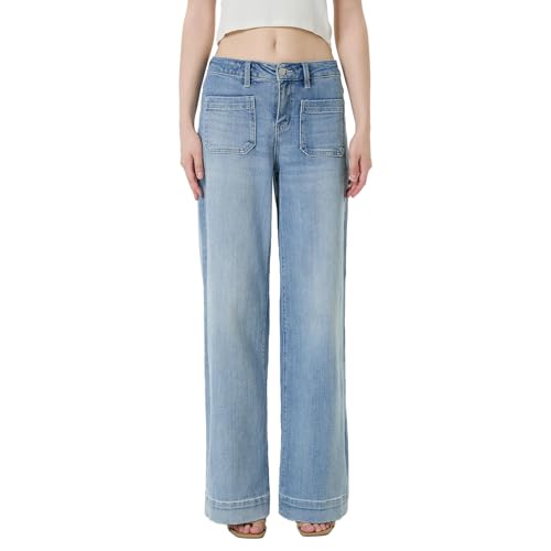 Wide Leg Jeans for Women Stretchy Loose Baggy with Patch Pockets Trendy High Waisted Jeans
