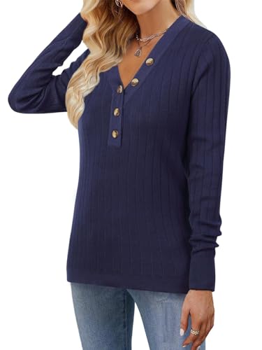 Image of MEROKEETY Women's 2025 Long Sleeve V Neck Ribbed Button Knit Sweater Solid Color Tops