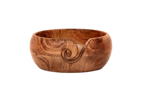 Image of Artisan Mango Wood Yarn Bowl - Tangle-Free Knitting & Crochet Gift with Leather Accent & Portable Design - Handcrafted for Crafters (7x7x3in)