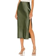 Skrtimory Womens Satin Silk High Waist Slit Midi Skirt Elastic Waistband Midi Skirts for Women