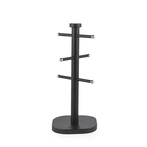 Salter Kuro Mug Tree – Carbon Steel Cup Holder for Kitchen Countertop Tabletop, 6 Branch Display Stand for Coffee Mugs/Tea Cups, Freestanding Sturdy Steel Storage Rack, Black