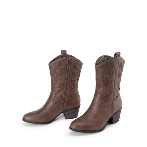 DREAM PAIRS Cowboy Boots for Women, Mid Calf Cowgirl Boots with Embroidery Round Toe Western Chunky Low Heel Shoes,Size 6.5,Brown,DWUMMB2505
