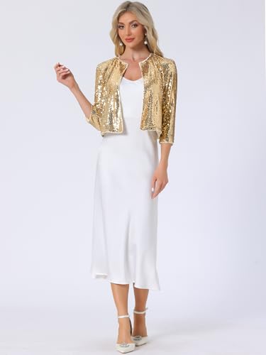 Image of Allegra K Sequin Cardigan for Women's Glitter 3 /4 Sleeve Open Front Party Club Jackets X-Large Gold