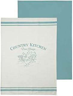 Premier Housewares 5100224 Country Kitchen Tea Towels - White/Teal, Set of 2, 1 x 50 x 70 cm