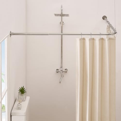 Crkmire Corner Shower Curtain Rod Brushed Nickel [24-53] x [24-53] Adjustable L Shaped Shower Rod No-Sagging 90 Degree Curved Curtain Rod for Bathroom Bathtub with 12 Ring Hooks & Ceiling Support