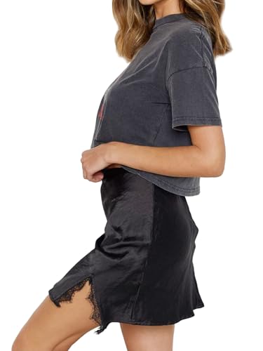 ALCEA ROSEA Women's Satin Silky Lace Trim Split Mini Skirt Slit Hem High Waist A-Line Short Skirt Solid Slit Skirts for Women4