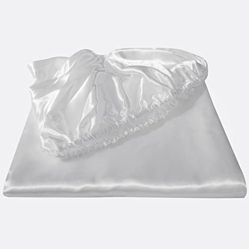 HommxJF Silk Satin White Queen Fitted Sheet Only, Deep Pocket Fitted Sheet Only, Breathable, Non- Fading, Fully Elasticized Bed Sheets Sold Separately
