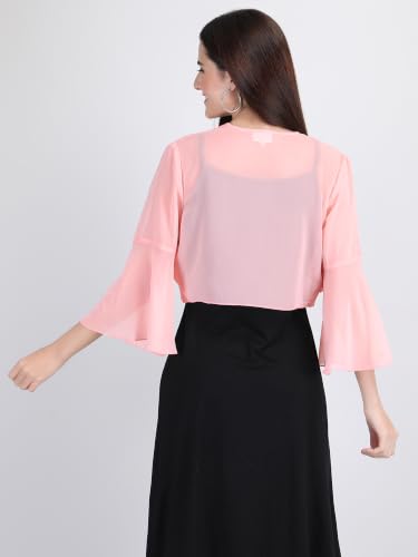 Image of AOL Women's Cropped Layered Lightweight Sheer Three-Fourth Bell Sleeves Georgette Open Neck Shrug Bolero