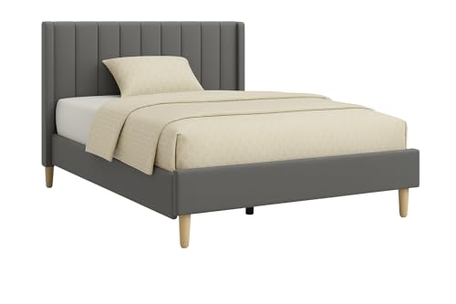 Image of Metal Upholstered Bed King Size Without Storage | Wooden King Size Cot with Headboard | Double Size Bed for Bedroom | Palang Furniture for Guest Room & Hotels, Grey, (Grey)