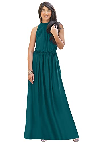 Image of KOH KOH Plus Size Womens Long Sleeveless Bridesmaid Halter Neck Wedding Party Guest Flowy Slimming Semi Formal Elegant Gala Ball Evening A-line Tall Gown Maxi Dress, Blue Green Jade 2XL 18-20