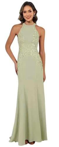 Image of KDTM Satin Lace Mother of The Bride Dresses Long Halter Sleeveless Formal Dresses for Women Wedding Guest