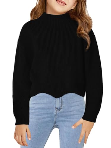 Image of Haloumoning Girls Mock Neck Sweaters Kids Fall Fashion Long Batwing Sleeve Rib Knit Pullover Clothes 5-14 Years