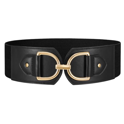WERFORU Women Elastic Wide Waist Belts for Dresses Fashion Wide Stretchy Belts for Women Big Gold Buckle Thick Dress Belt A-Black-gold buckle M: Fit Waist Size 32-35