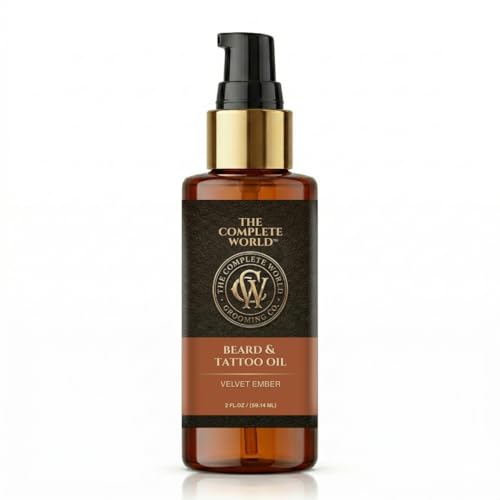 The Complete World Co. Velvet Ember Beard Oil & Tattoo Oil – Premium Grooming, Fast Absorbing Dry Glow Oil Infused with Avocado & Castor Lipids, Non-Greasy Shine, Made in USA, 2 oz