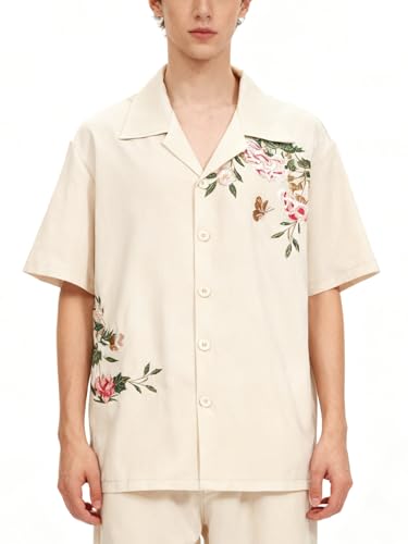 Lencauze Men's Floral Embroidered Short Sleeve Button Down Shirt, Casual Holiday Style, Fitted Lapel Collar, Camp Shirt, Going Out Outfits (US, Alpha, X-Large, Regular, Regular, CX02_Beige)
