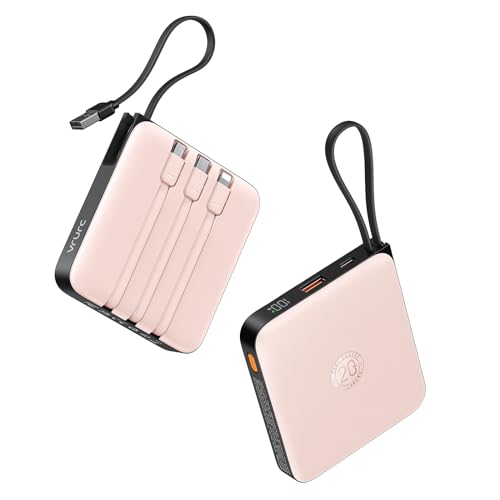 VRURC Power Bank portatile con cavi integrati, 20000 mAh 22,5 W, ricarica rapida USB C, batteria caricabatterie per telefono e display a LED