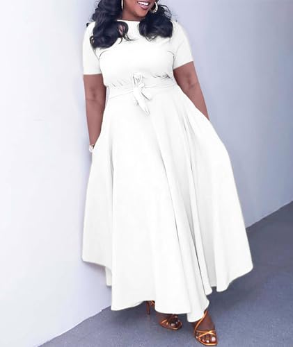 Image of SEMATOMALA Women's A Line Self Tie Waist Maxi Dress Round Neck Long Sleeve High Waist Plus Size Swing Flare Long Dresses