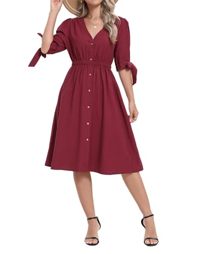 Image of Women Linen Rayon Blend Midi V Neck Button Front Elastic Waist Puff Sleeve Tie Casual Summer Dress
