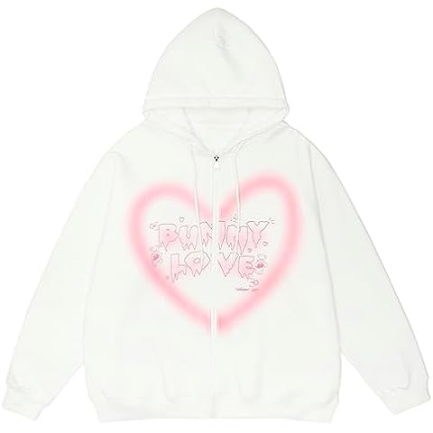 Rapidstreet Unisex Streetwear Bunny Love Heart Aesthetic Graphic Zipper Up Hoodie Sweatshirt Cotton White Cover