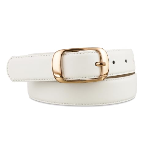 Womens White Belts with Gold Buckle Leather Belts for Women Ladies Fashion Waist Belt