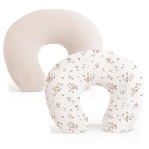 Image of Konssy 2 Pack Nursing Pillow Covers, Stretchy and Soft Nursing Cover for Breastfeeding, Pillow Slipcover for Baby Girls Boys Newborn (Beige, Blossom)