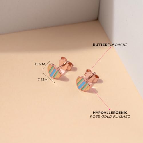 925 Sterling Silver Rose Gold Flashed Multicolor Enamel Heart Love Earrings for Young Girls, Pre-Teens and Teens - Vibrant Blue and Green Heart Earrings For Girls4