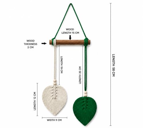 Image of AdFashionble Boho Macrame Wall Hanging Leaf Decor for Home, Living Room & Bedroom | Cotton Thread Art with Wooden Rod | Minimalist Handmade Wall Decoration | Aesthetic Nordic Wall Art for Home, Office & Gift Purpose Lenght- 58 cm Width- 15 cm (DARKGREEN & OFFWHITE)