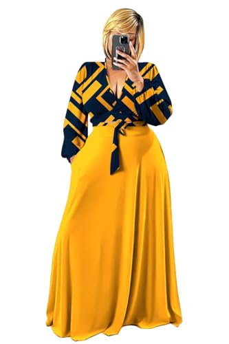 Image of Plus Size Women's 2 Piece Outfits Casual Long Sleeve Wrap Crop Top Maxi Long Dress Flowy Matching Sets