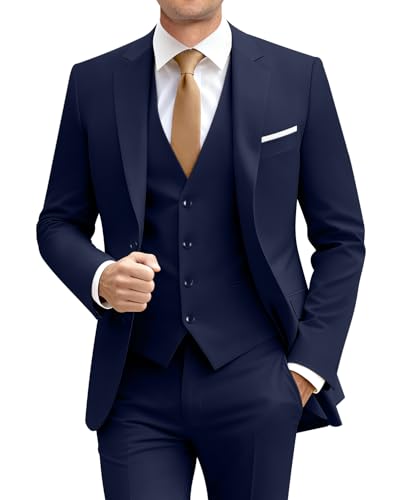 Image of Mens Suit Solid Two Button Slim Fit Suit Set for Wedding Formal Business Suit Men 3 Piece Suit Blazer Vest Pants Set