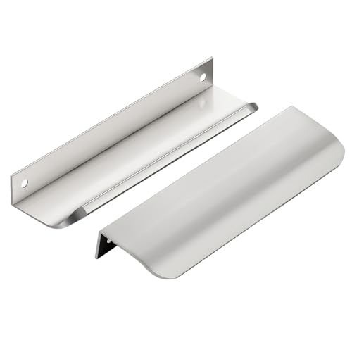 Image of Brushed Nickel Cabinet Handles Finger Edge Pulls 5.9 Inch CC 12 Pack | Low-Profile Finger Grip, Cabinet Door Edge Mount, Smooth Handle Shape, 5.9 Inch (150mm), For Drawers, Cupboards, Kitchen