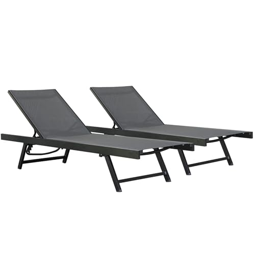 Image of Vivere Set of 2 Aluminum Outdoor Chaise Lounge Chairs, Urban Sun Adjustable Reclining Patio Loungers, Lay Flat Tanning Chairs with Sling Seat, Black