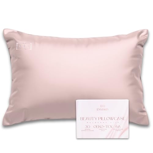 Image of 100% Mulberry Silk Pillowcase Infused with Silver Ions - Pure 30 Momme Grade 6A Fibers for Beautiful Skin and Hair - Cooling Pillow Case Protector with Zipper (Standard) Rose Color