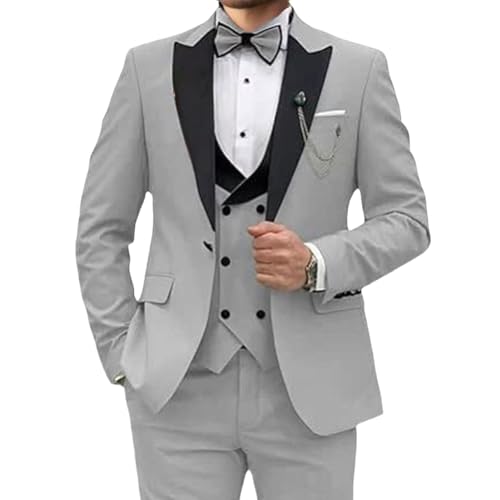 Traje clásico de 3 Piezas para Hombre, Entallado, con Blazer, Chaleco y pantalón, Ideal para Bodas, oficinas y Eventos, Gris Claro, Talla 3XL.
