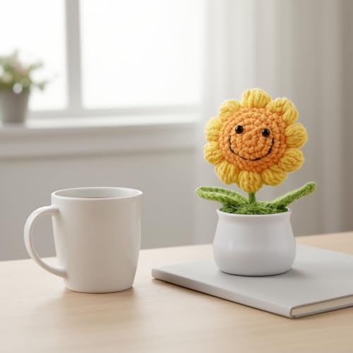 Image of Amazon Brand - Umi Handmade Crochet Flower Pot for Home & Office Decor, Cute Smiling Floral Tabletop Showpiece, Aesthetic Desk Decoration, Unique Gift for Friends Family & Loved Ones (Sunny Yellow)