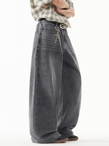 Image of DFGIGT Mens Baggy Jeans Wide Leg Denim Pants Y2k Loose Fit Streetwear | Hip Hop,Vintage 2000s,Jinco Jeans,Straight Leg,5 Pockets