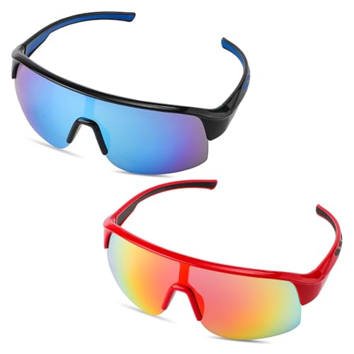 XIHIRCD 2 Paires Lunettes de Soleil pour Enfant, Lunettes de Soleil Polarisées Lunettes Soleil Cyclisme pour Activités de Plein Air Baseball pour Jeunes Softball Golf Garçons Filles (Rouge + Bleu)