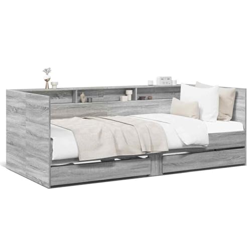 Mhdvray Cama de día con cajones sin colchón gris Sonoma madera 90 x 200 cm diseño moderno robusto estructura de cama práctico espacio de almacenamiento sala de estar habitación de invitados habitación