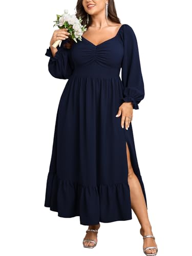 SCOMCHIC Womens Plus Size Wedding Guest Cocktail Dress Sweetheart Neckline Long Sleeve Smocked Ruffle Slit Maxi Dresses Navy Blue