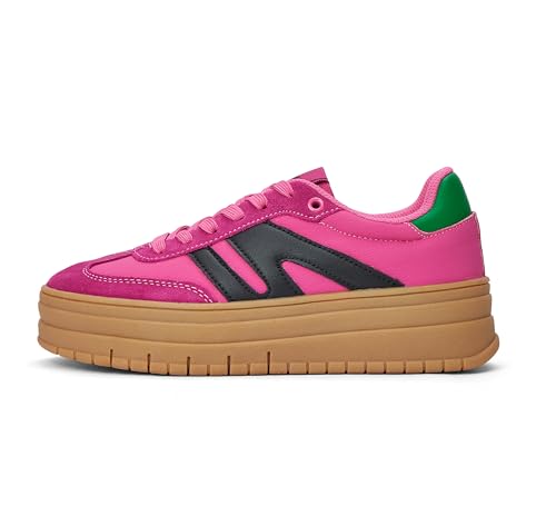 LUCKY STEP Zapatillas Plataforma Mujer - Cuña Clásica Lona Retro Tobillo Bajo Cómodas Diarias (Fucsia/Negro, 6US-36EU-3UK)