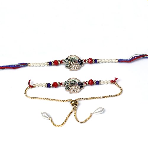 Image of Oblivion Rakhi Set for Brother and Bhabhi - Peacock with Feather Gift for Bhai & Lumba for Bhabhi with Silver Colour Coin and Greeting Card - Raksha Bandhan Combo