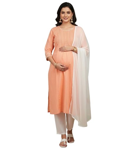 Image of DUMMY SHAPE Pregnancy Dresses for Women Cotton | Floral Maternity Kurta Pant Dupatta Set with Dual Nursing Zippers | Pre & Post Partum | Feeding Kurtis | Baby Shower | Gifts for Pregnant Woman