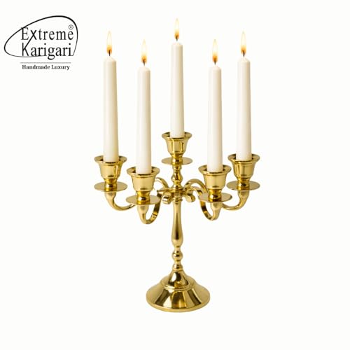 Image of Aluminum 5-Arm 8inch Gold Candelabra for Dining Table | Vintage Candle Stand for Romantic Dinner, Home & Wedding Decor