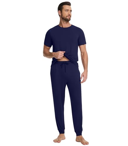 WiWi Men's Pajama Sets Viscose from Bamboo Sleepwear Short Sleeve Top and Pants Pjs Sets with Pockets Drawstring S-XXL3