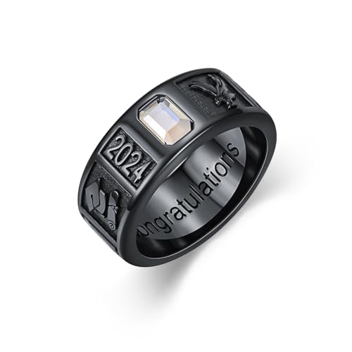 Dorunmo Personalied 2025 Class Ring Men 925 Sterling Sliver High School Rings for Men Black Class Bands Graduation Gift, 0/1/2/3 Gem and Pattern, 4.5/6/7/9.5mm Width