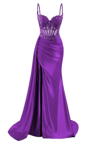 Vestidos de dama de honor de satén para mujer para boda con abertura, vestidos de graduación, vestidos de cóctel, talla grande, Morado (, 34