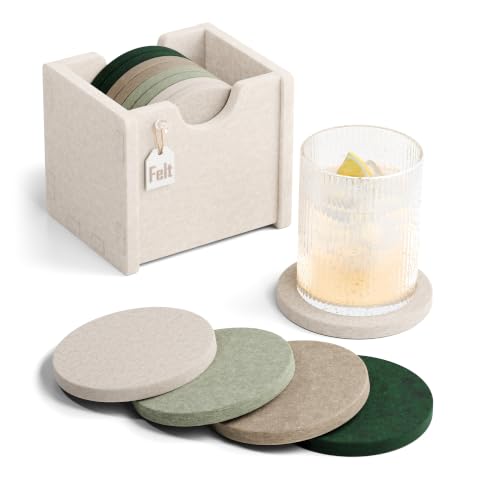 Fluxynara Felt Coasters with Holder Set of 8 for Drinks Nordic Moss