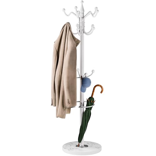 CASARIA® Perchero de Pie Base Mármol 14 Ganchos Giratorio 360° Colgador Ropa Sombrero Abrigos Metal 175x37cm Blanco